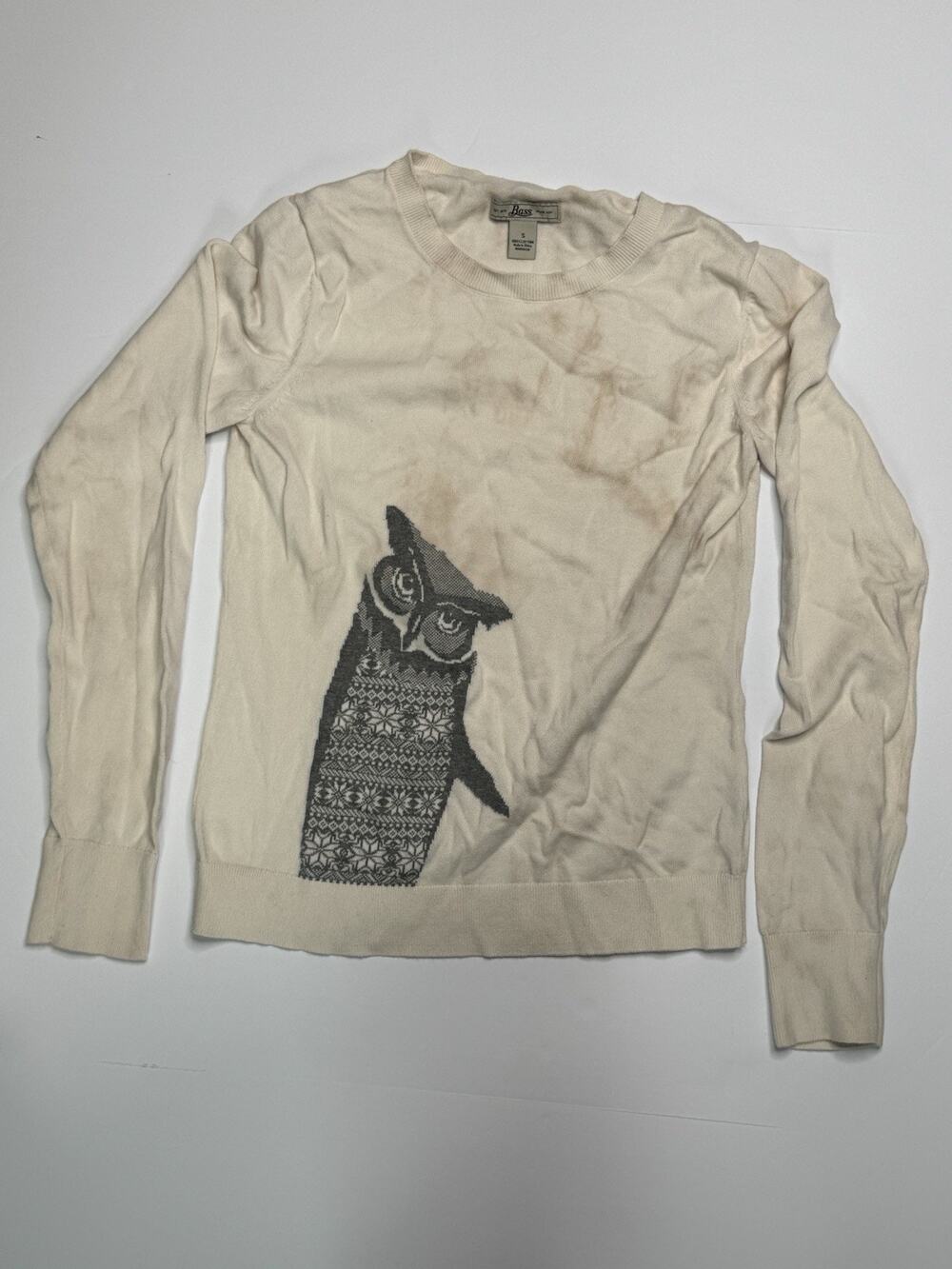 Bass Women’s S Cream Owl Fair Isle 100% Cotton Knit Sweater Stained